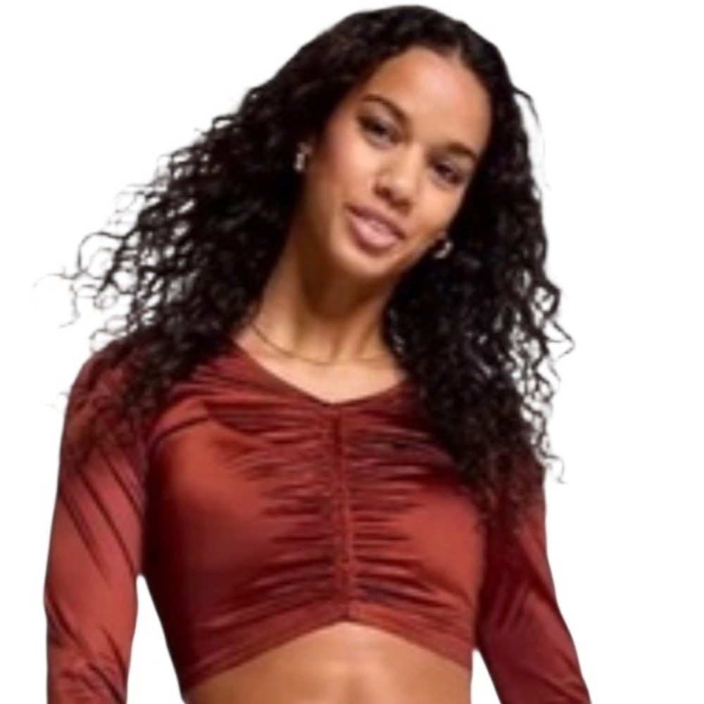 Calia Rash Guard Swim Top Womens Small Red Brown Ruched Long Sleeve Cropped‎ New